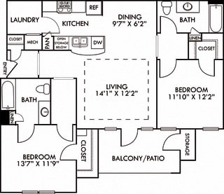 The Istanbul. 2 bedroom apartment. Kitchen with bartop open to living/dining rooms. 2 full bathrooms. Walk-in closets. Patio/balcony.