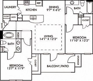 The Montreal. 2 bedroom apartment. Kitchen with bartop open to living/dining rooms. 2 full bathrooms, double vanity in master. Walk-in closet. Patio/balcony.