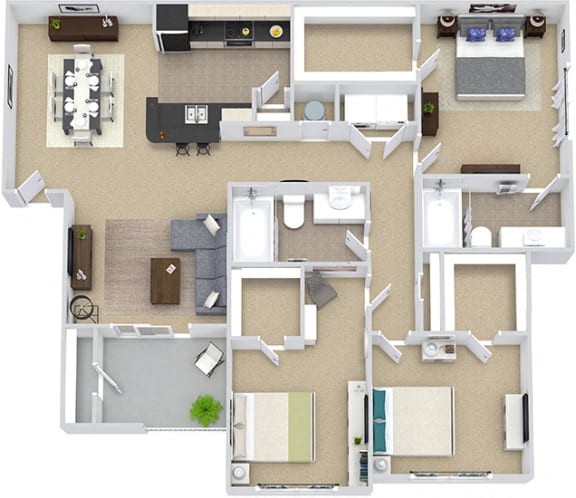 The Mabry 3D 3 bedroom apartment. Kitchen with bartop open to living & dinning room. 2 full bathroom. Walk-in closets in all bedrooms. Patio/balcony, with storage.