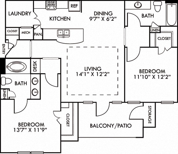 The Montreal. 2 bedroom apartment. Kitchen with bartop open to living/dining rooms. 2 full bathrooms, double vanity in master. Walk-in closet. Patio/balcony.