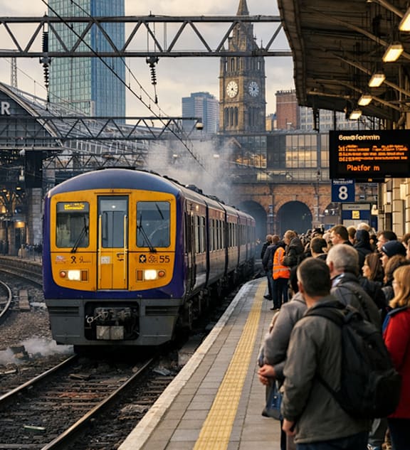 A yellow and purple train is pulling into the station.