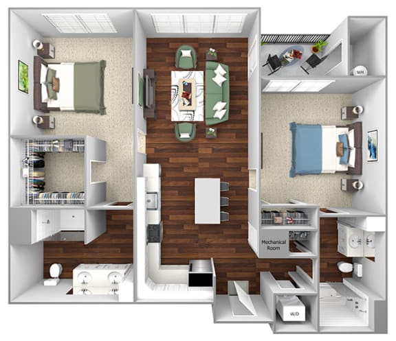 B2 - 2 Bed - 2 Bath - The Airdrie at Paoli Station - 3D Floor Plan