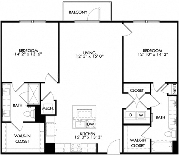 The Victor floorplan with 2 bedrooms, 2 baths one with standalone shower. Kitchen with island open to Living area.