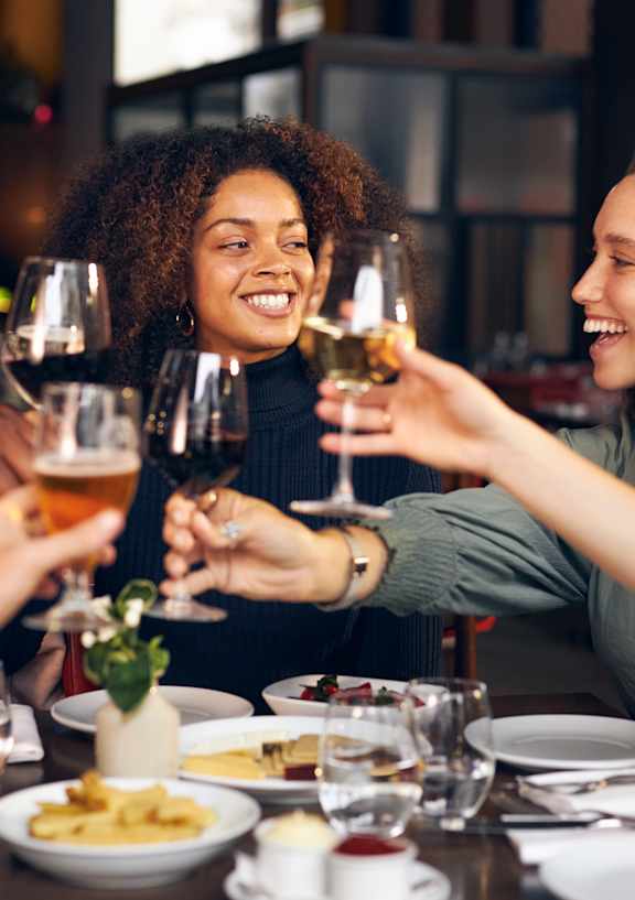 A group of people toasting with glasses of wine at a dinner table.