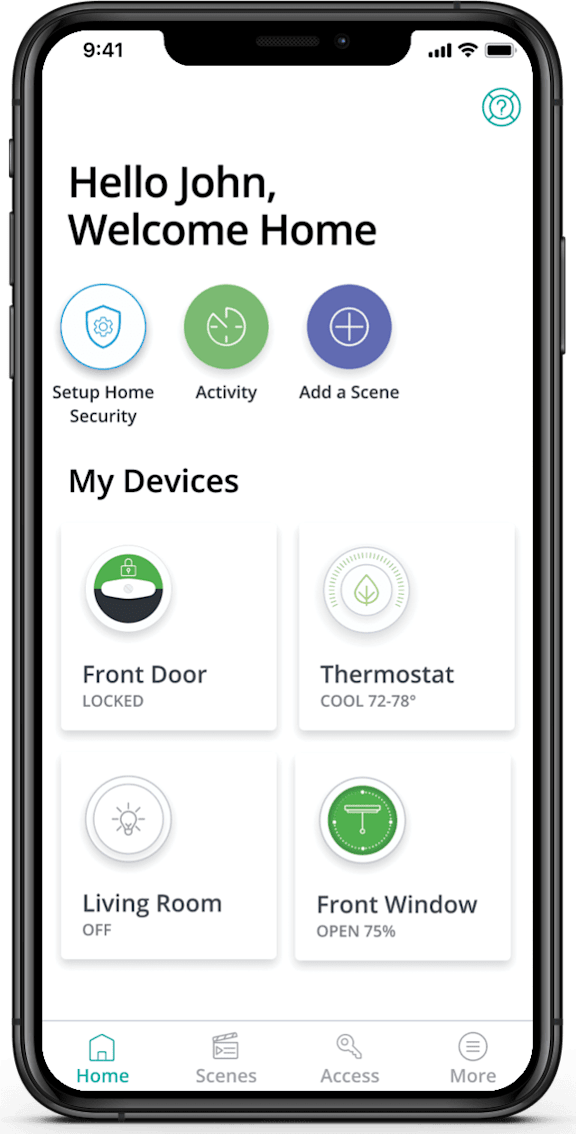 A smartphone screen displays a welcome message and the status of various home devices.