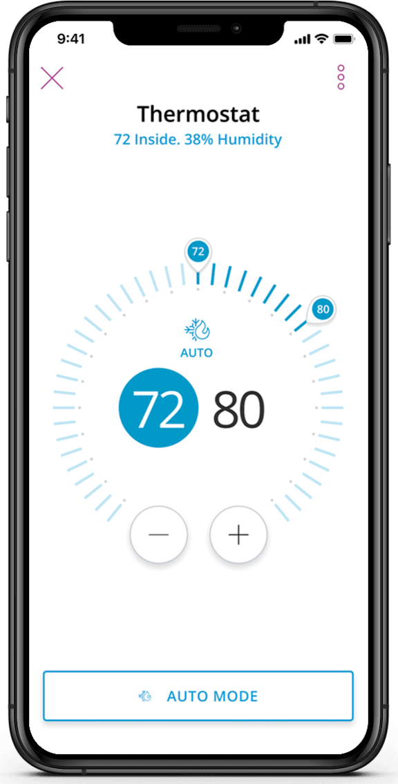 A smartphone displaying a thermostat app with the temperature set to 72 degrees and 38% humidity.