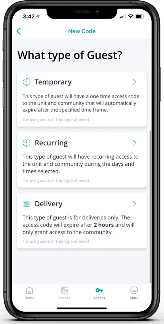 A smartphone screen displays three types of guest access options: Temporary, Recurring, and Delivery.