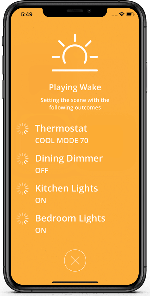 A smartphone screen displays a wake-up scene with settings for thermostat, dining, kitchen, and bedroom lights.