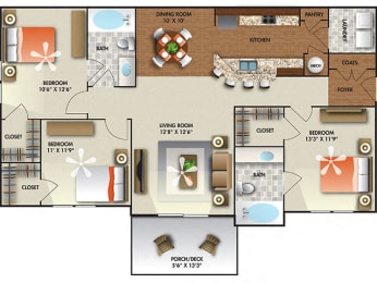3 Bedroom 2 Bath floor plan.