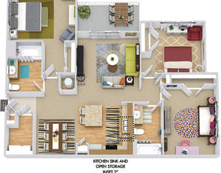 Mallard 3D. 3 bedroom apartment. Kitchen with island open to living/dinning rooms. 2 full bathroom. Walk-in closets. Patio/balcony.