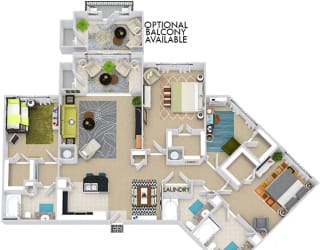 The Turin with Sunroom 3D. 3 bedroom apartment with study room. Kitchen with bartop open to living/dining rooms. 2 full bathrooms, double vanity in master. Walk-in closets. Sunroom.