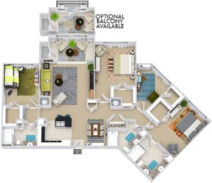 The Turin with Sunroom 3D. 3 bedroom apartment with study room. Kitchen with bartop open to living/dining rooms. 2 full bathrooms, double vanity in master. Walk-in closets. Sunroom.
