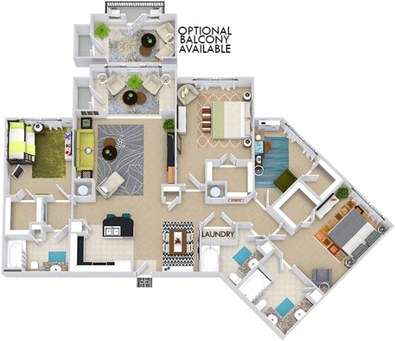 The Turin with Sunroom 3D. 3 bedroom apartment with study room. Kitchen with bartop open to living/dining rooms. 2 full bathrooms, double vanity in master. Walk-in closets. Sunroom.