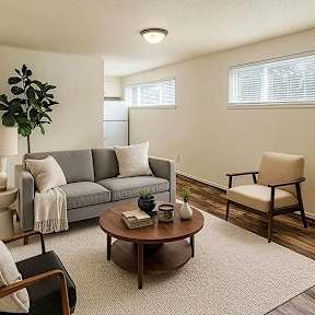 A living room with a grey couch, a brown armchair, a coffee table, and a potted plant.