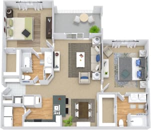 Summerglen 3D. 2 bedroom apartment. Kitchen with island open to living/dinning rooms. 2 full bathrooms, double vanity in master. Walk-in closets. Patio/balcony.