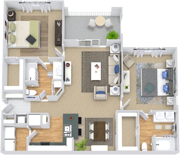 Summerglen 3D. 2 bedroom apartment. Kitchen with island open to living/dinning rooms. 2 full bathrooms, double vanity in master. Walk-in closets. Patio/balcony.