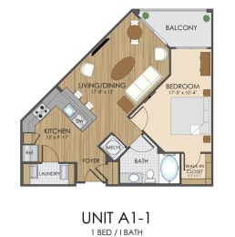 1 bed 1 bath A1 Floor Plan at Hidden Creek, Gaithersburg, Maryland