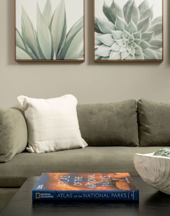 Villa Cielo Cortaro Apartments in Tucson, Arizona Living Room with Wall Art and Book on Coffee Table