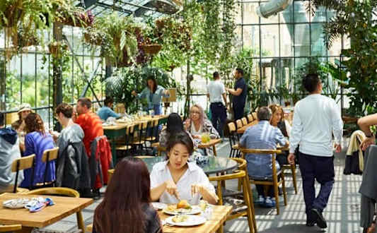 A group of people are sitting at tables in a greenhouse-like setting.