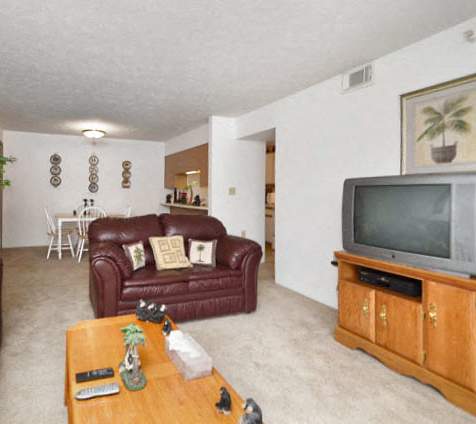 a living room with a couch and a table and a television