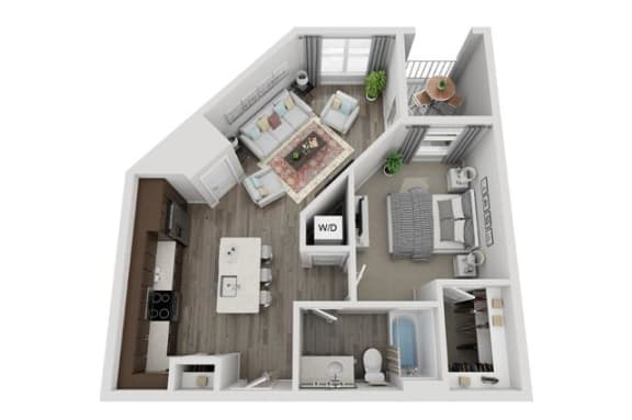 a 1 bedroom floorplan is shown with a bathroom and a balcony