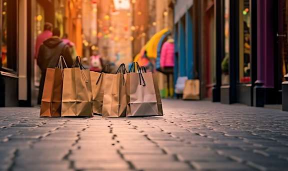 Shopping bags are lined up on a sidewalk.