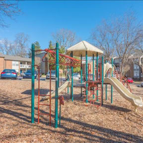 a playground with a slide in a park