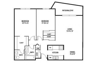 2 Bedroom 1.5 Bath 961 Sq. Ft. | Maplewood Floor Plan at Oakwood Apartments in Plymouth, MN