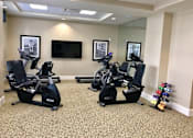 Thumbnail 2 of 5 - A room with exercise equipment and a television.
