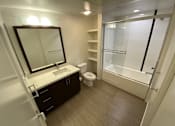 Thumbnail 28 of 41 - Bathroom with a toilet, sink, mirror, and shower/bathtub at unit 203, 739 South Ogden Drive.
