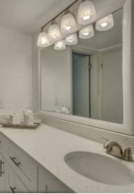 a bathroom with two sinks and a large mirror