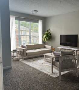 A living room with a couch, chair, and television.