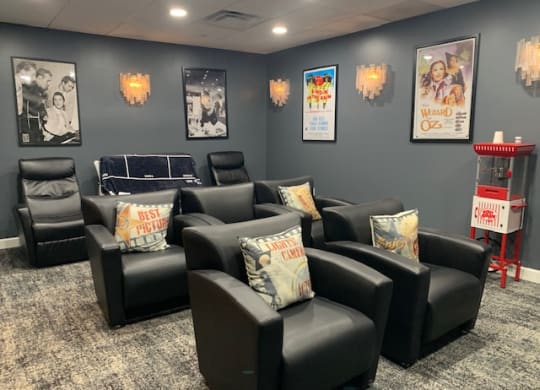 Media room with chairs and movie screen at The Valley, Cincinnati, OH, 45242