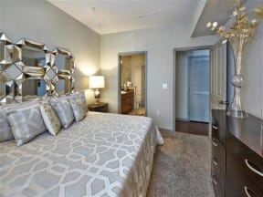 Bedroom with plush carpeting, king bed, and private bathroom