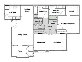 3 bedroom floor plan, 1,131 square feet with a patio.