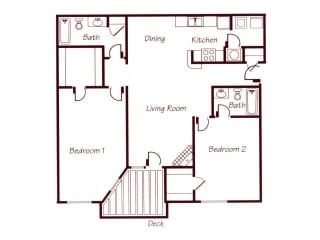 James River two bedroom two bathroom floor plan at Williamsburg Park Apartments