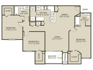 Barrington 3 BR 2 BA 2D Floor Plan
