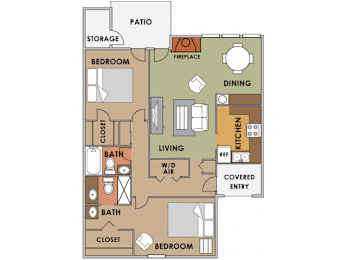 Two bedroom two bathroom floor plan image at Orange Tree Village Apartments in Tucson AZ
