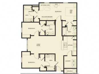 Three Bedroom floor plan l Independence Place Apartments in Killeen, TX
