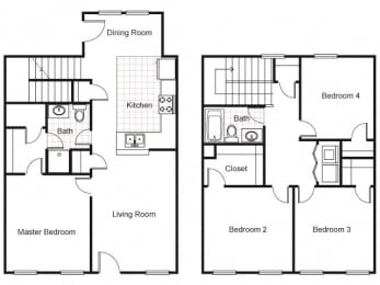 4 Bedroom 2 Bath Townhouse 2D Floorplan, Harmony Oaks Apartments, New Orleans, LA