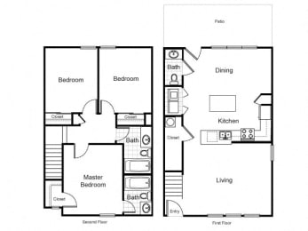 3 Bedroom 2.5 Bath Townhouse-2D Floorplan-Matthew Henson Apartments, Phoenix, AZ