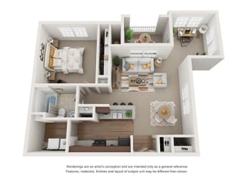1x1 illustrative floor plan with den at Ashley Collegetown in Atlanta, Georgia