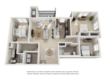 Tuscaloosa Type-A 3 Bedroom 2 Bath Floor Plan at Abberly at Southpoint Apartment Homes by HHHunt, Fredericksburg, VA, 22407