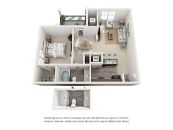 Asheville 1 Bedroom 1 Bath Floor Plan at Abberly at Southpoint Apartment Homes by HHHunt, Fredericksburg, 22407