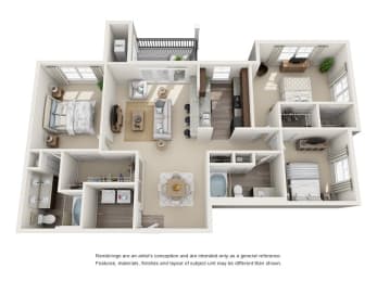 Tuscaloosa Type-B 3 Bedroom 2 Bath Floor Plan \at Abberly at Southpoint Apartment Homes by HHHunt, Virginia