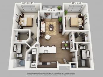 2 Bed 2 Bath Travel Floor Plan at ALARA Union Station Apartment Homes, Denver, 80202