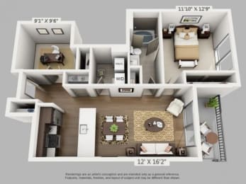 1 Bed 1 Bath Voyage Floor Plan at ALARA Union Station Apartment Homes, 1975 19th Street Denver, CO