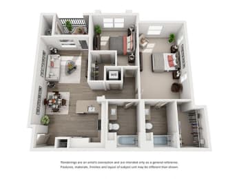 2 bed 2 bath floor plan E at Montecito Apartments at Carlsbad, California, 92010