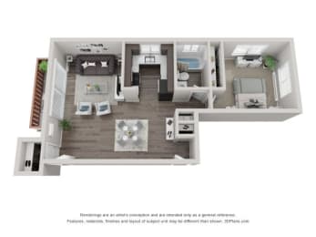 3D One-Bedroom Apartment Floor Plan at Westmont Village, Westmont, Illinois