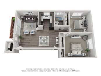 3D Two-Bedroom Apartment Floor Plan at Westmont Village, Westmont